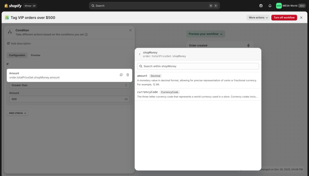 Screenshot showing Flow's variable picker with GraphQL camelCase properties highlighted