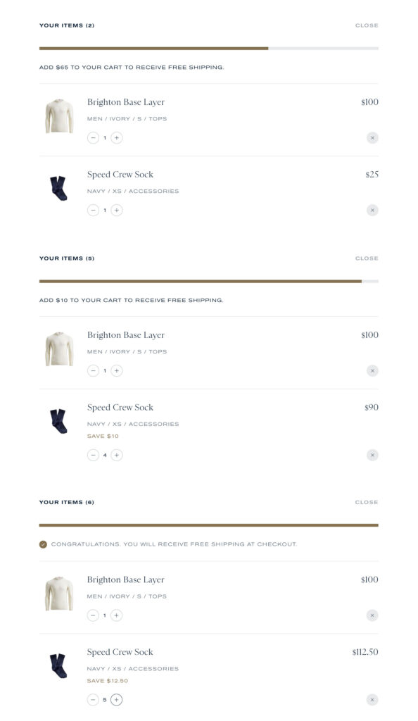tracksmith.com example showing the progression of a free shipping bar