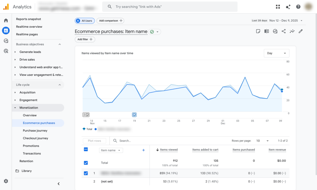 GA4 report: ecommerce purchases