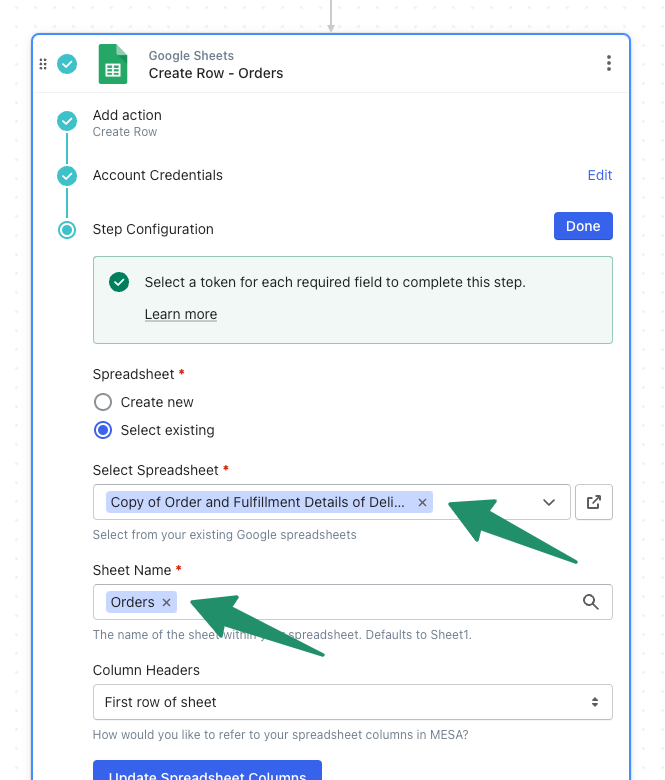 google sheets orders fields