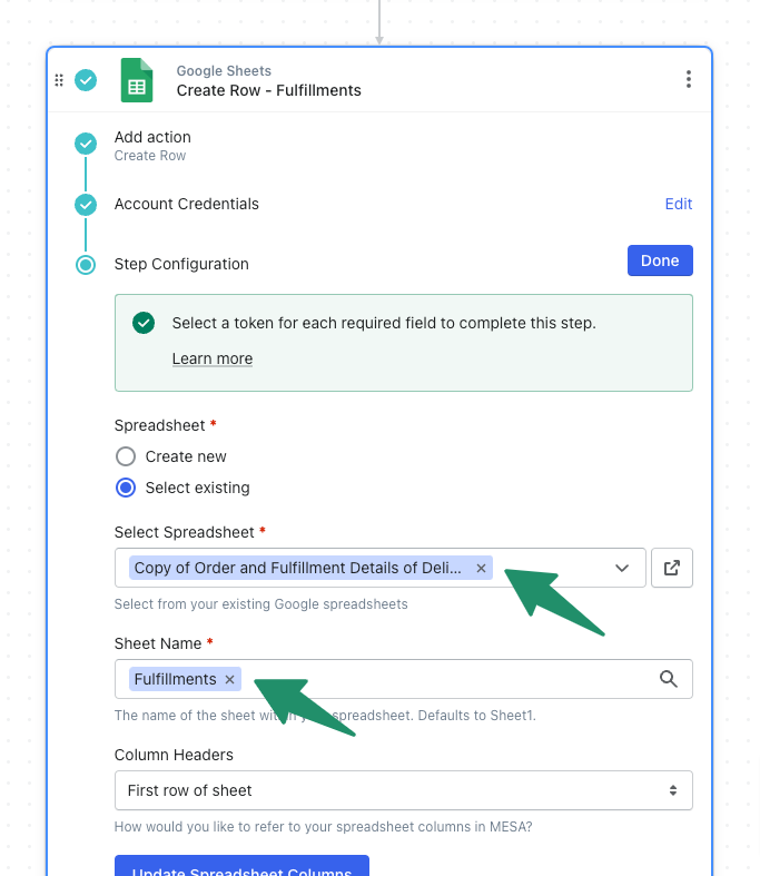Google Sheets selected fields