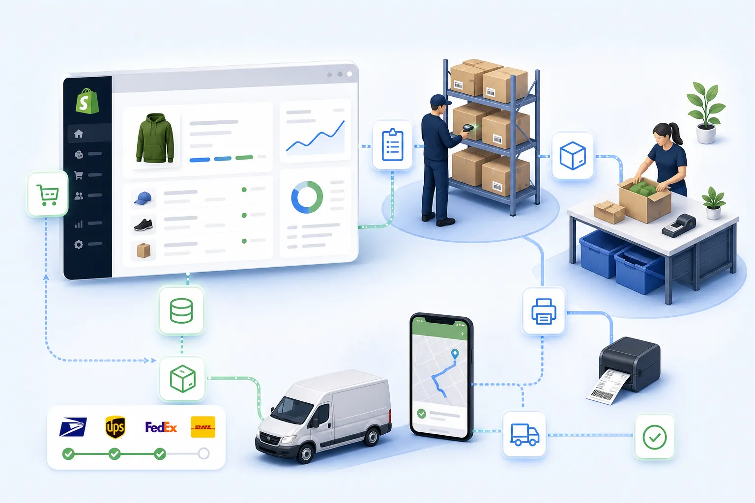 Illustration of ecommerce order fulfillment automation workflow connecting Shopify, inventory, warehouse picking, packing, and shipping