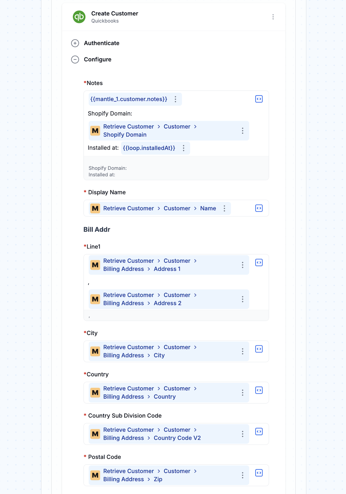 If no existing customer is found, create a new QuickBooks customer record with:

Customer name

Billing address details

Contact information (phone and email)

Additional notes, including Shopify domain and installation date