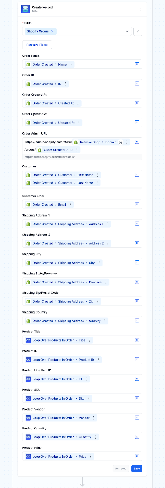Assign the Shopify order data variables