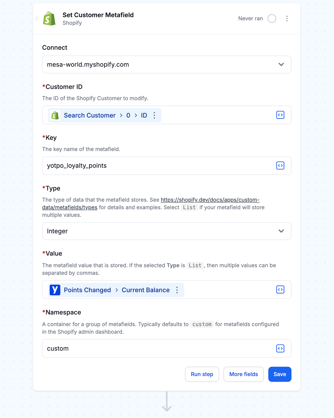 Update customer metafield with point balance