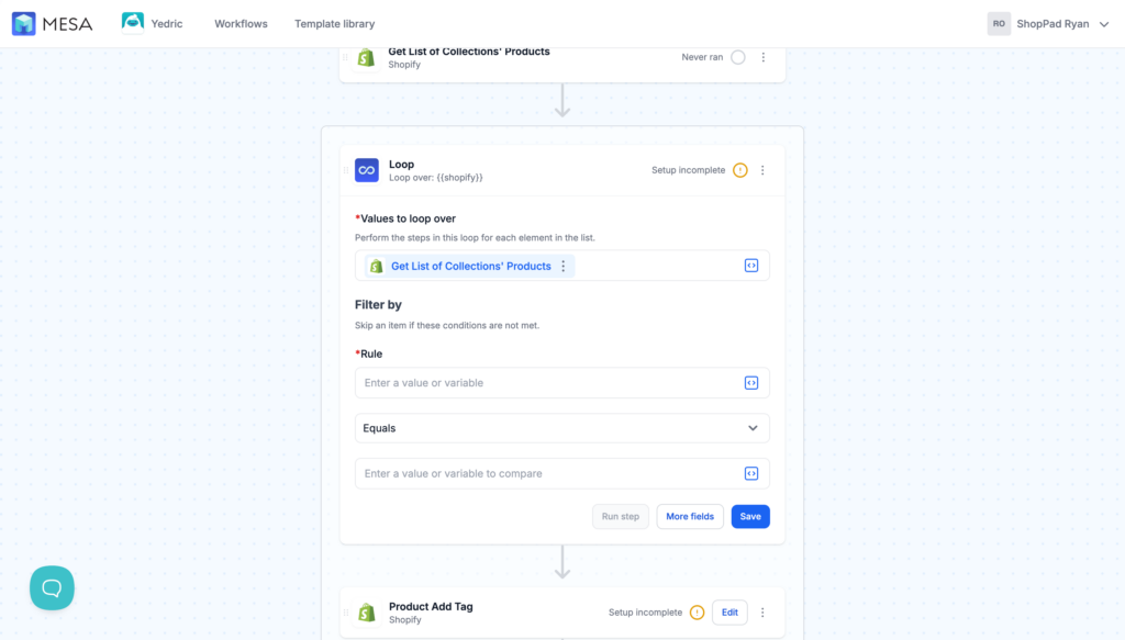 Screenshot: loop step