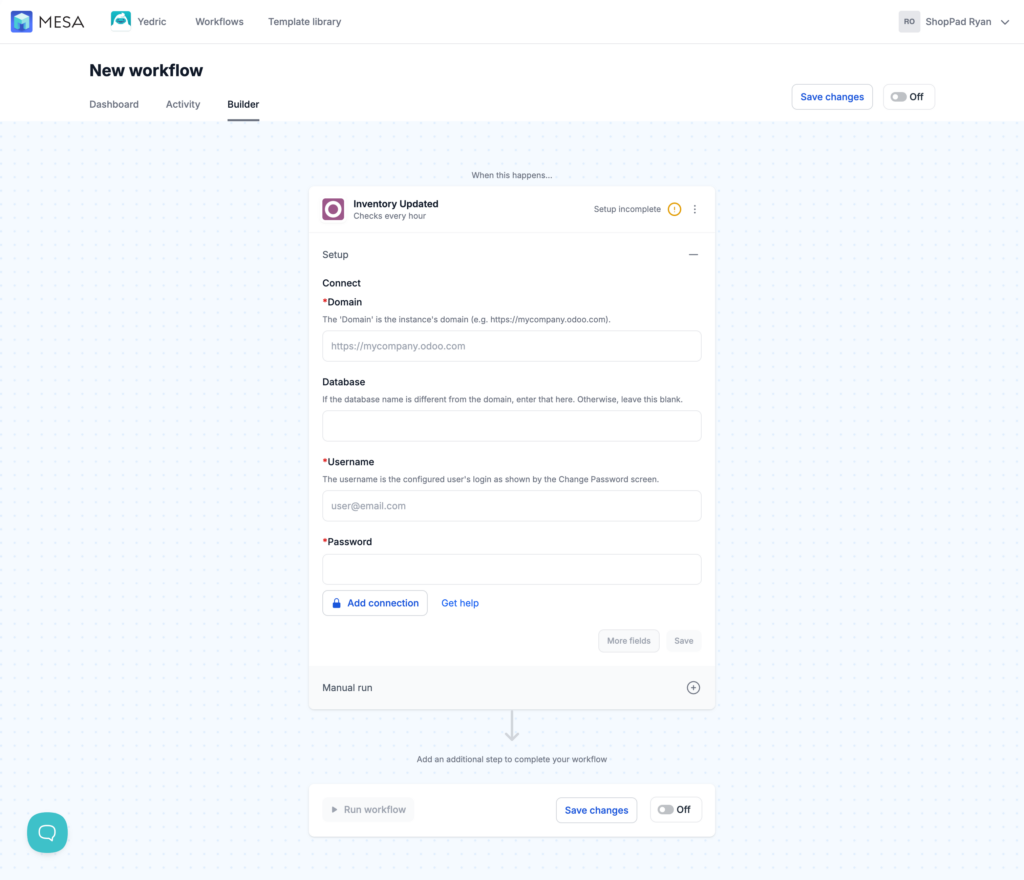new workflow in mesa odoo trigger step
