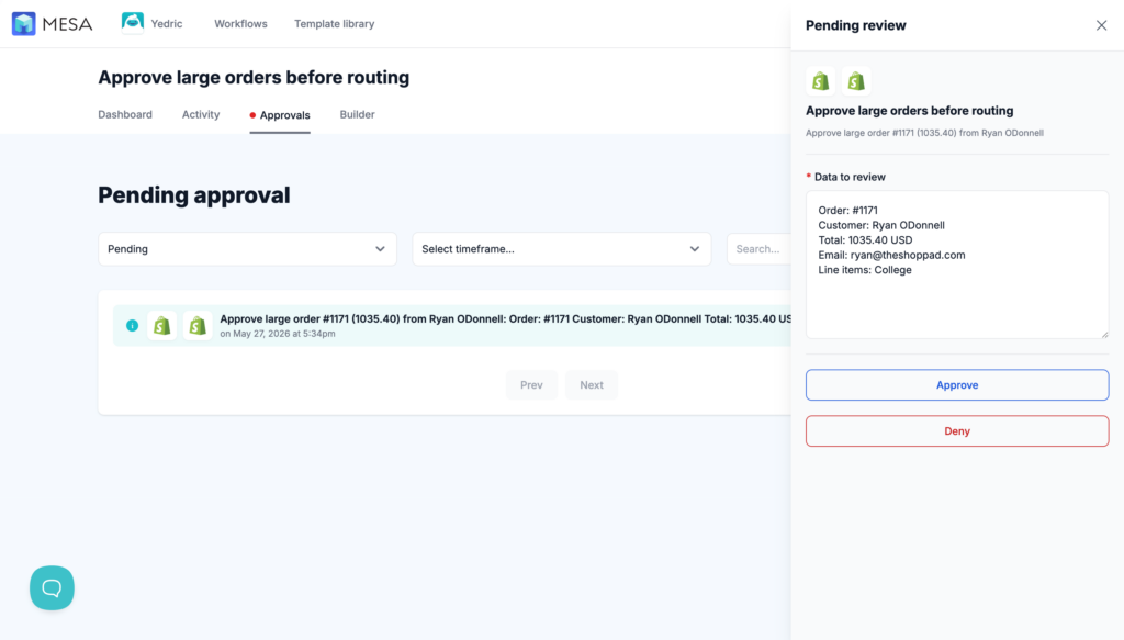 MESA Approvals notification (shown in-app) with order details and two buttons: "Approve" and "Reject."