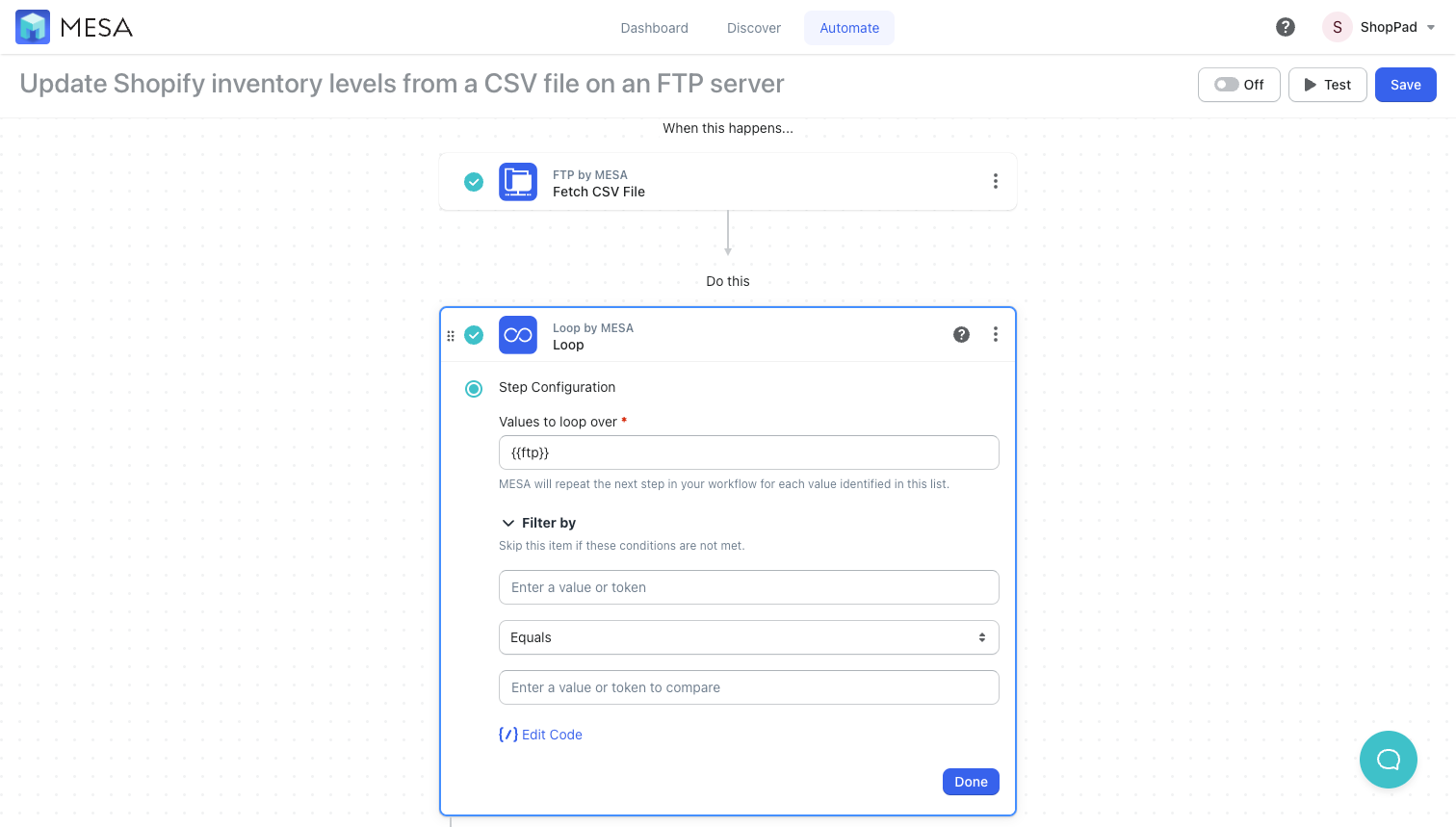 loop over values in CSV file from ftp server
