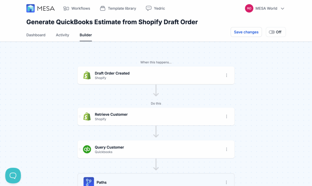 mesa automation platform - quickbooks workflow template