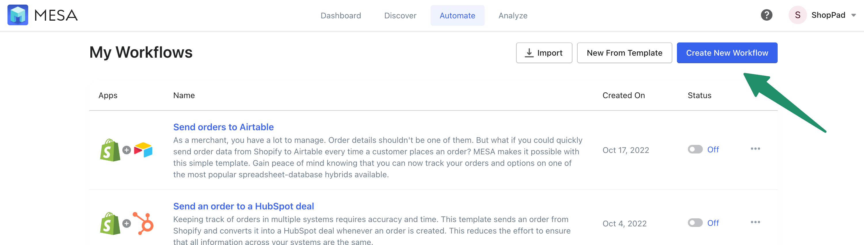 mesa create new workflow