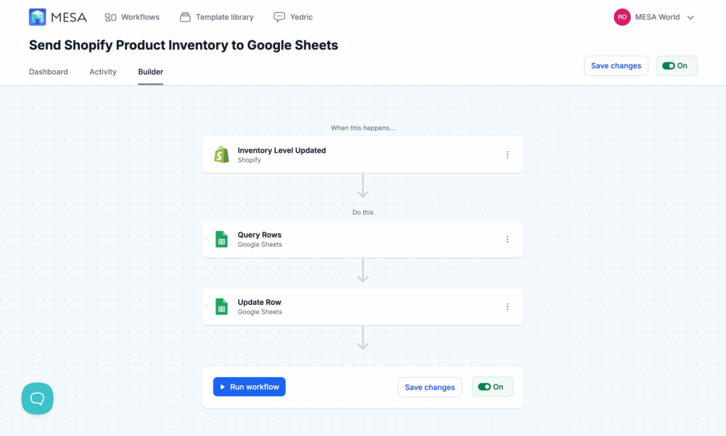 MESA workflow builder: Send Shopify Product Inventory Updates to Google Sheets