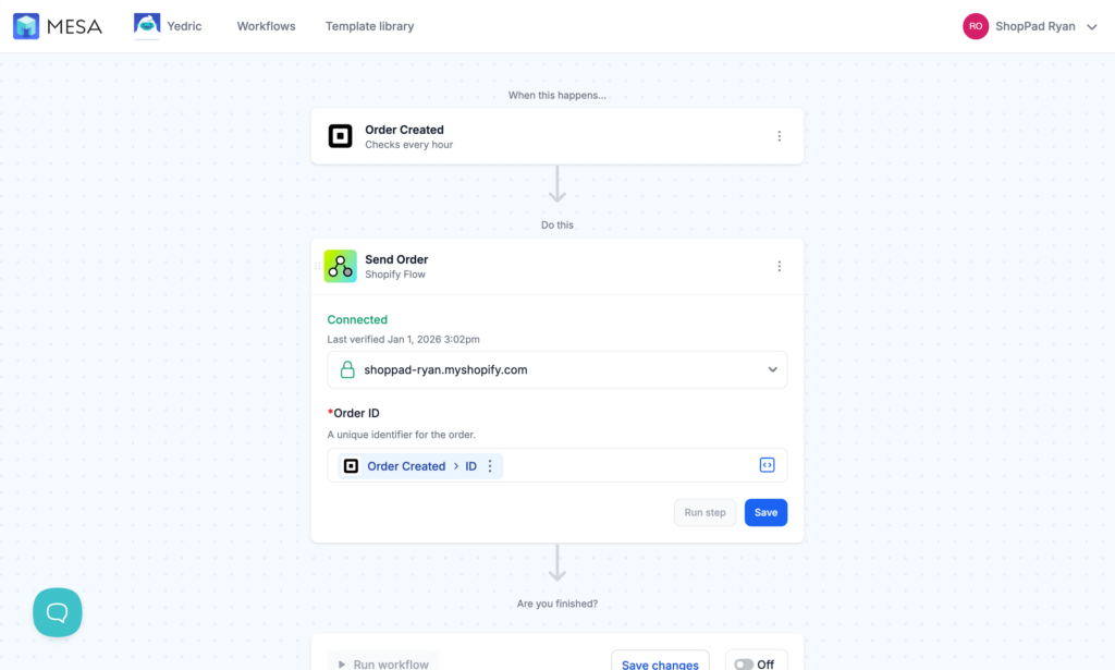 MESA action library with Shopify Flow action highlighted