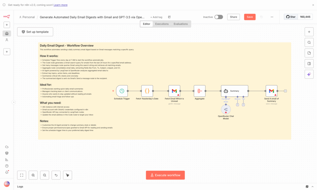 n8n workflow editor showing visual node-based automation