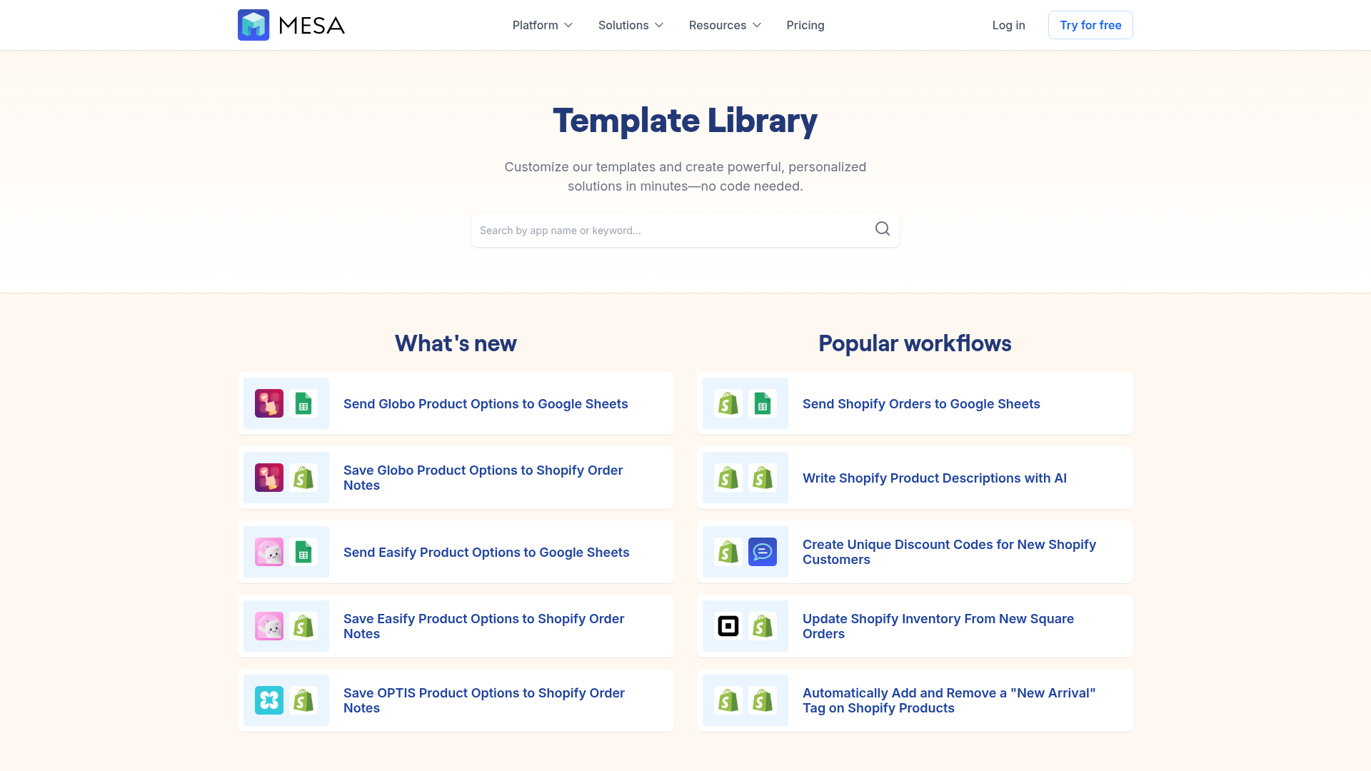 Screenshot of MESA templates page