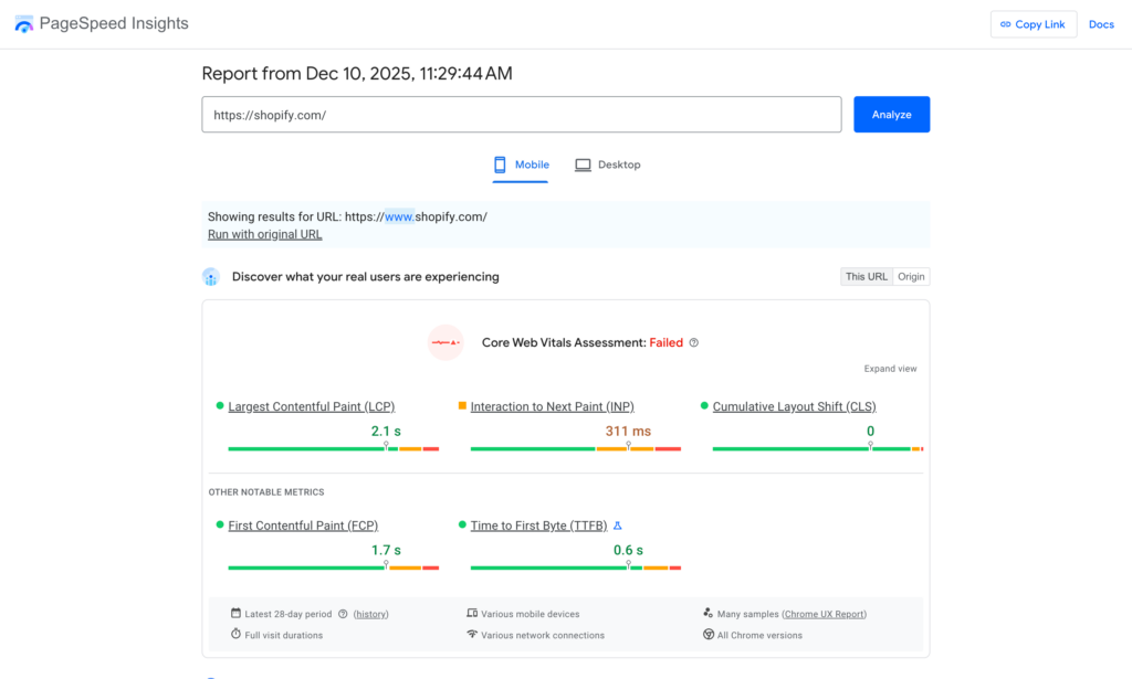 shopify.com results for core web vitals