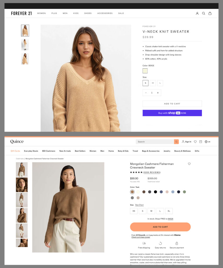 product page comparison: quince.com vs. forever21.com