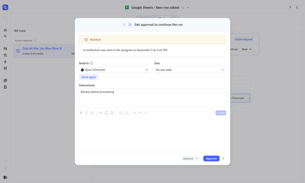 Relay's approval interface showing a paused workflow with order details, customer history, and a clear "Approve/Reject" decision point—demonstrating how human oversight integrates seamlessly into automation
