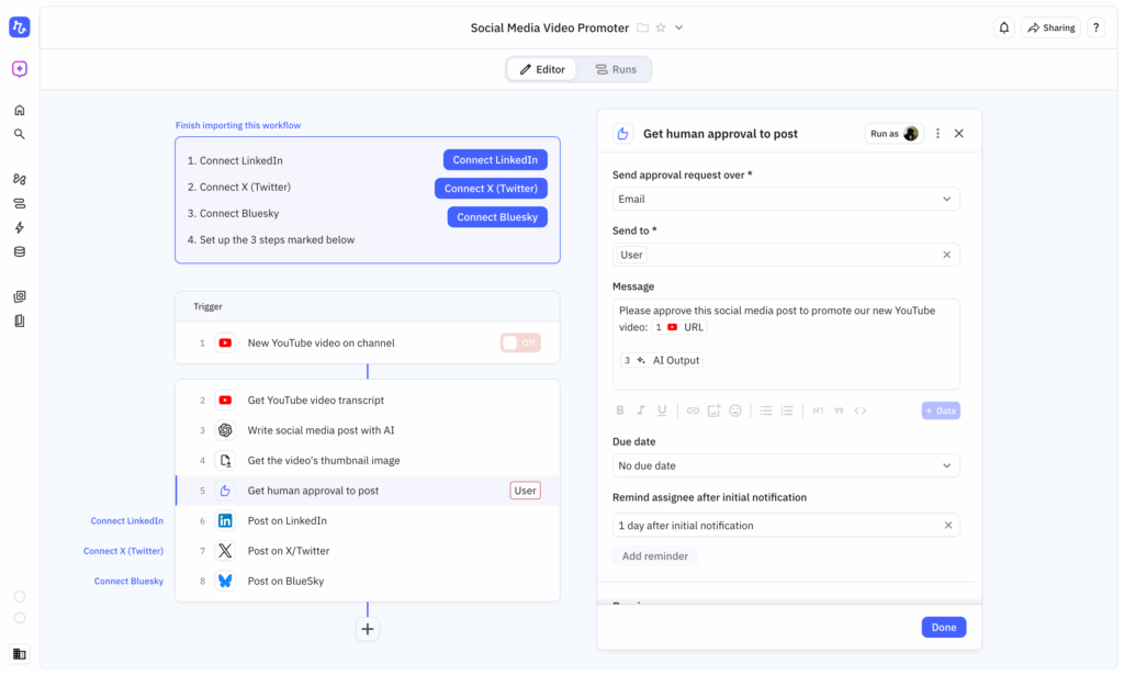Relay workflow showing human-in-the-loop approval steps