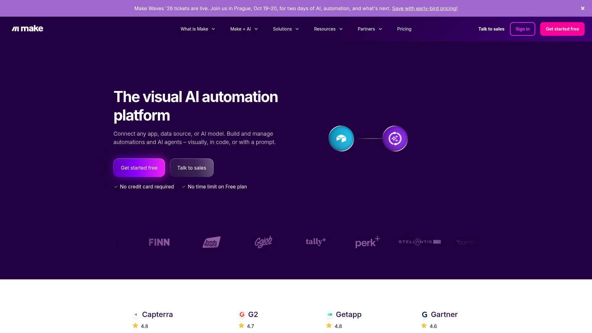 Screenshot of Make automation platform homepage