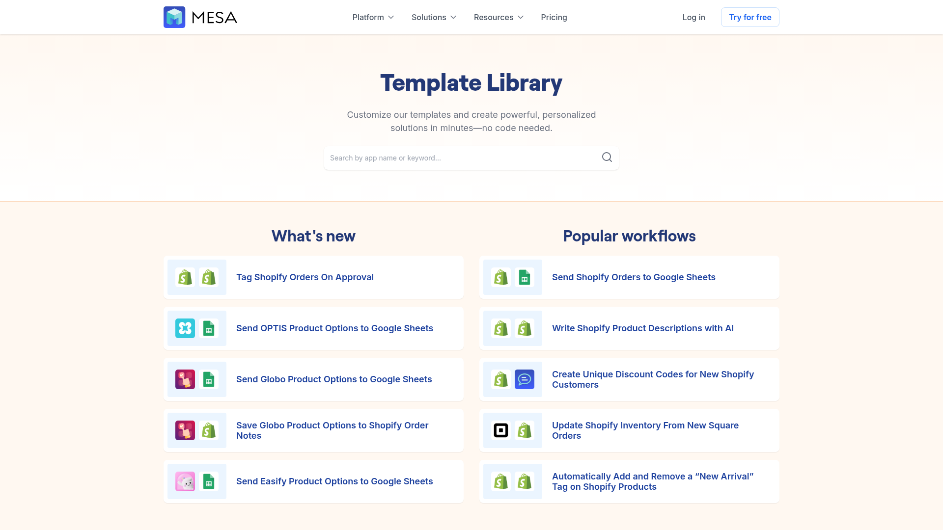 Screenshot of MESA templates library