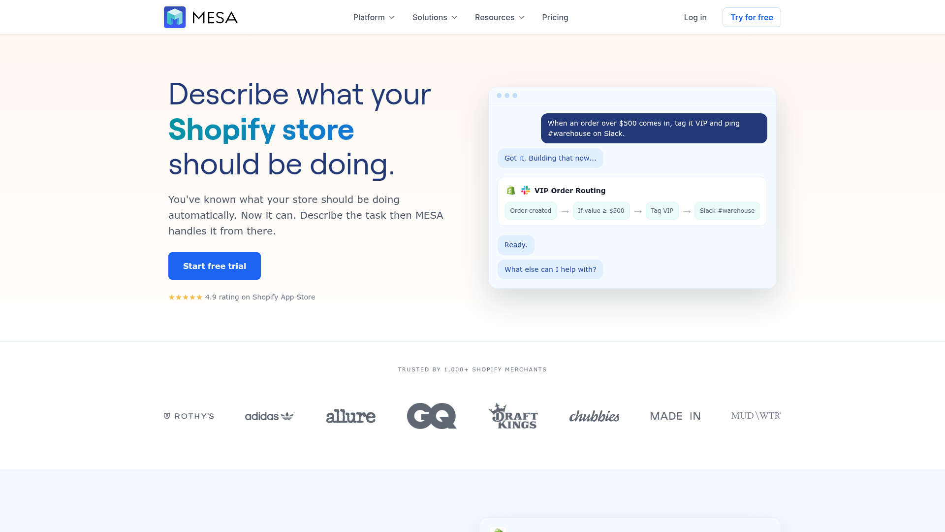 Screenshot of the MESA Shopify automation platform homepage