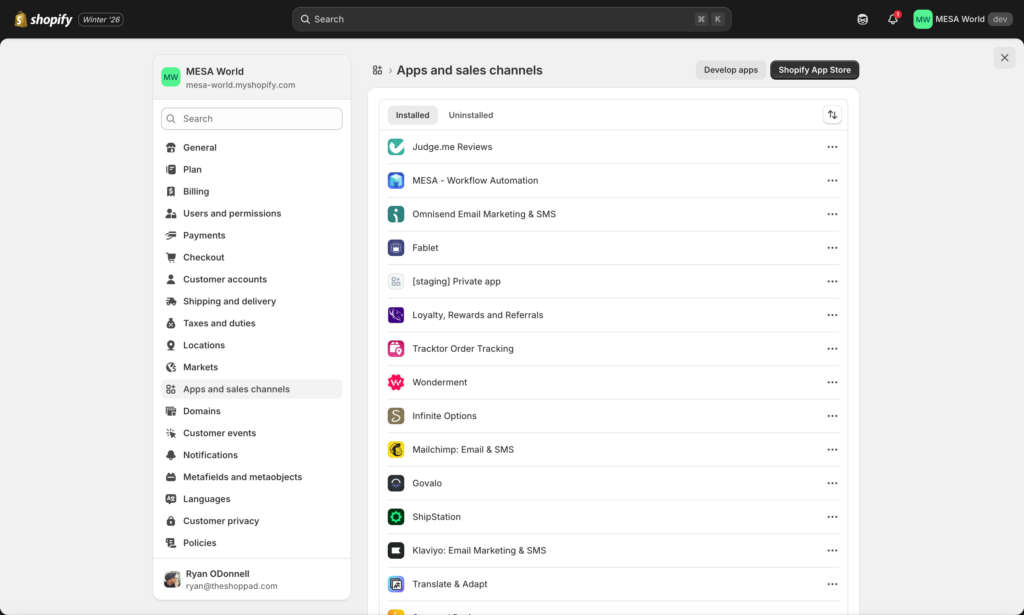 shopify admin: installed apps