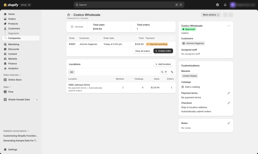 Screenshot of Shopify B2B customer portal showing wholesale pricing and bulk ordering
