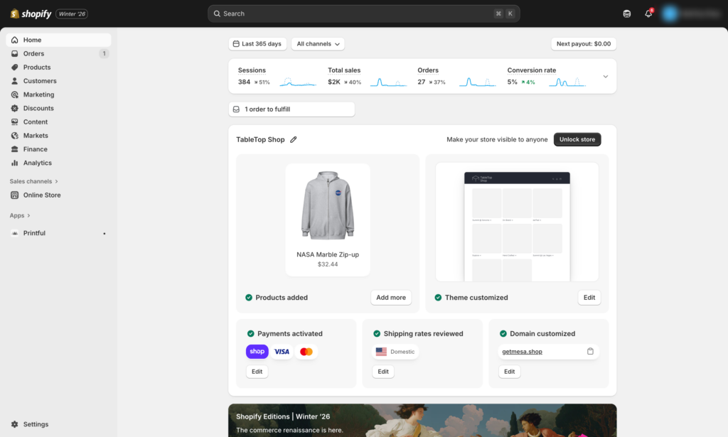 Screenshot of standard Shopify admin dashboard showing main navigation and key features