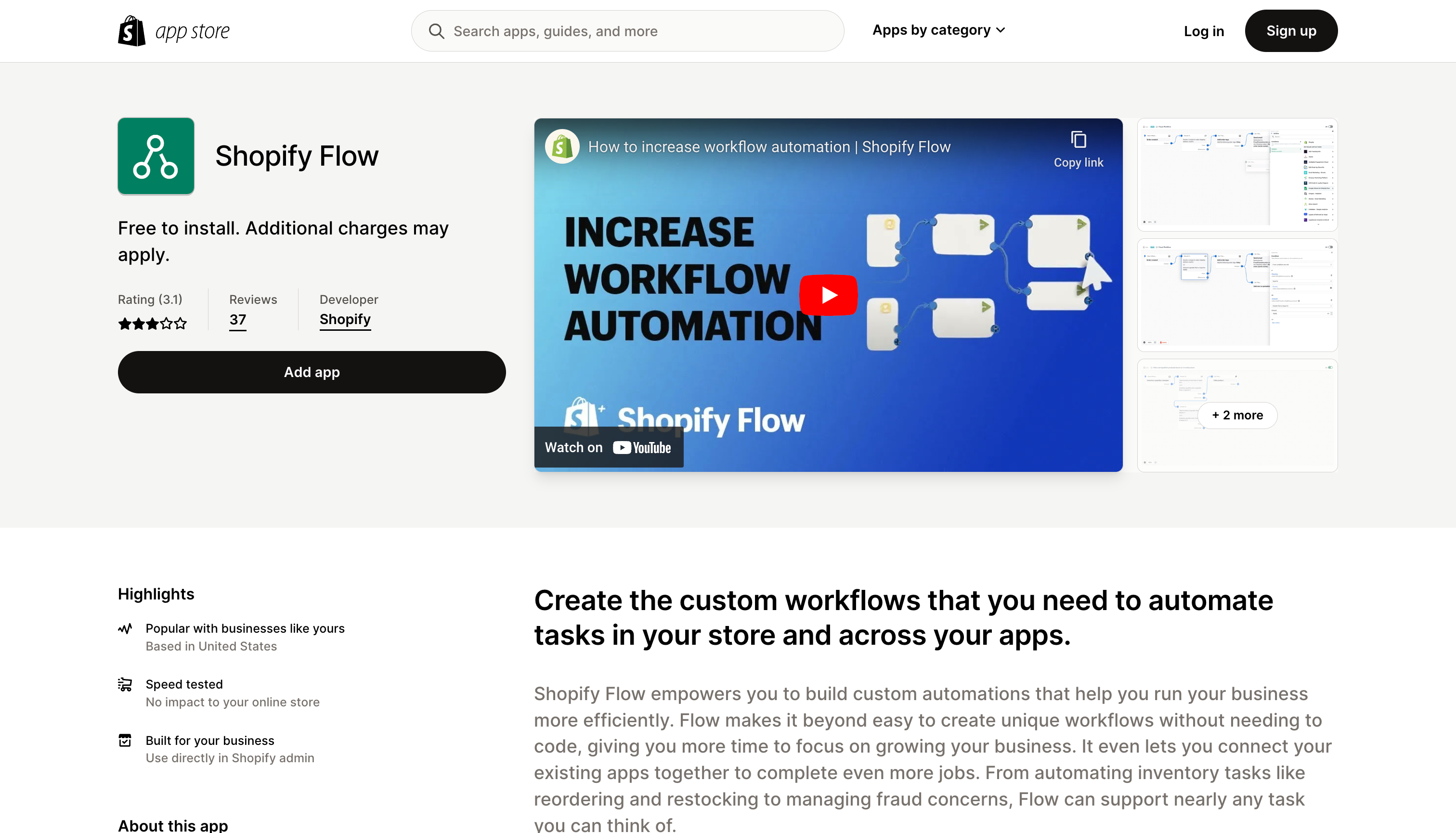 Shopify Flow app store page