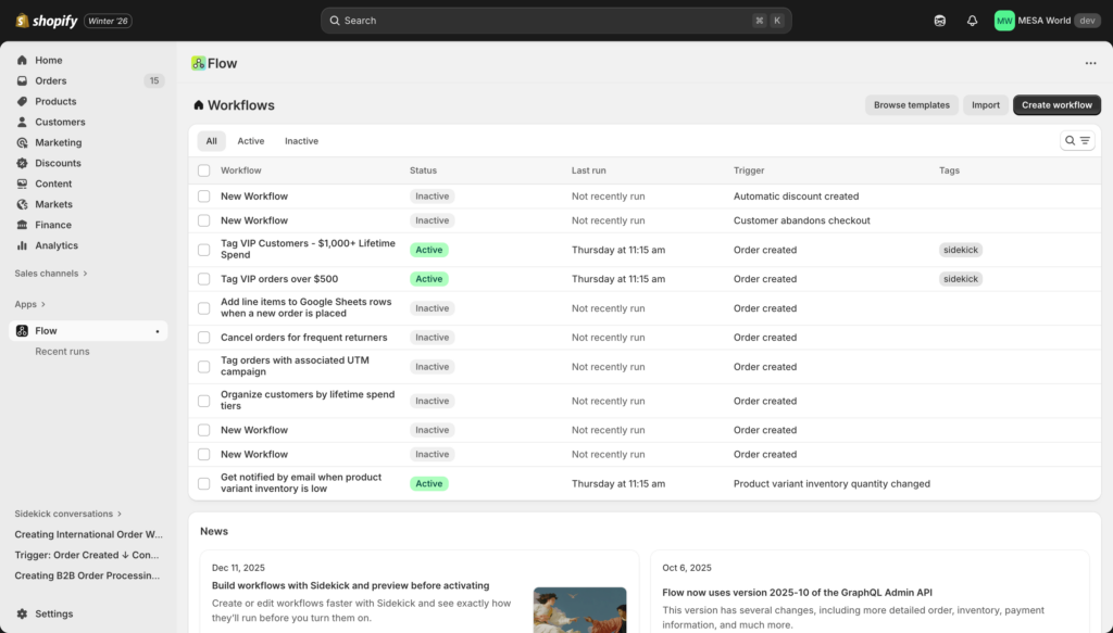 Shopify Flow dashboard overview showing workflow list