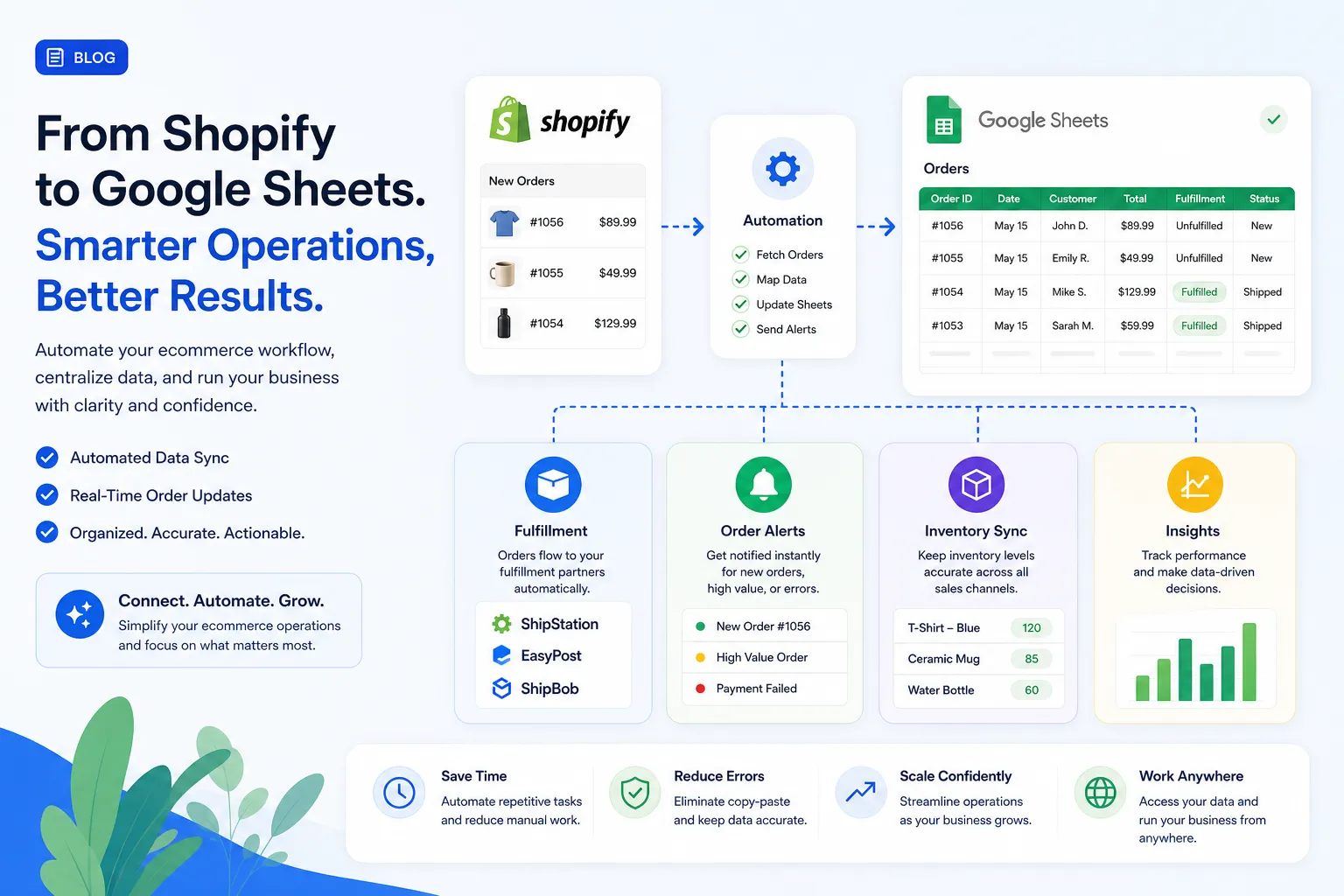 Hero illustration of Shopify data flowing into Google Sheets for smarter ecommerce operations