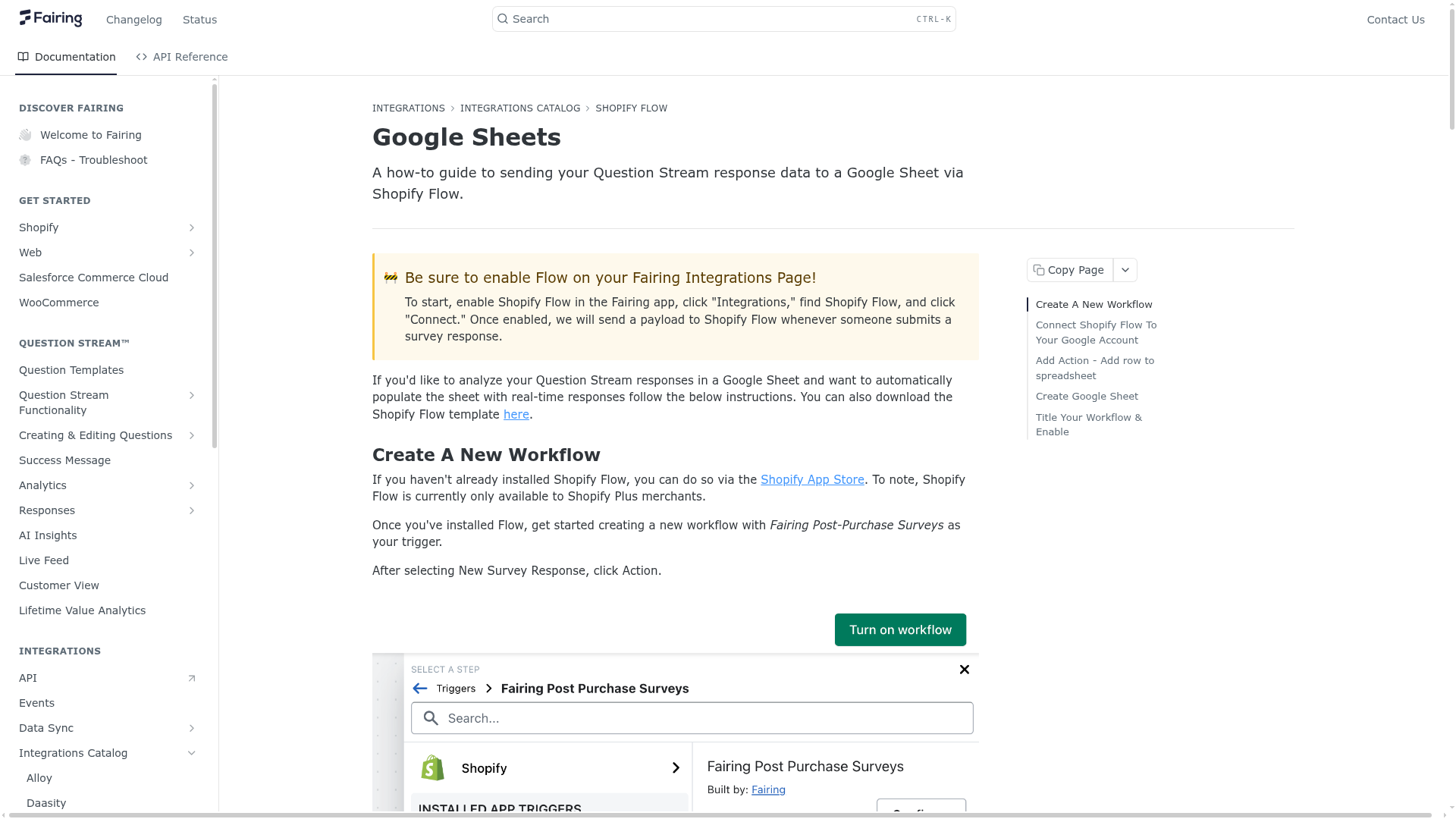 Screenshot of Fairing documentation showing Shopify Flow setup for sending responses to Google Sheets