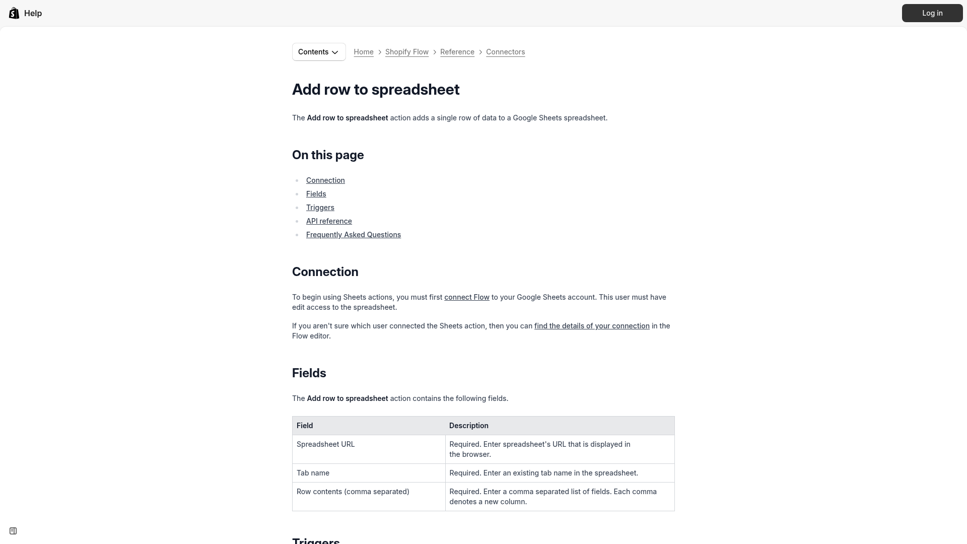 Screenshot of Shopify Help Center page for the Add row to spreadsheet action in Shopify Flow