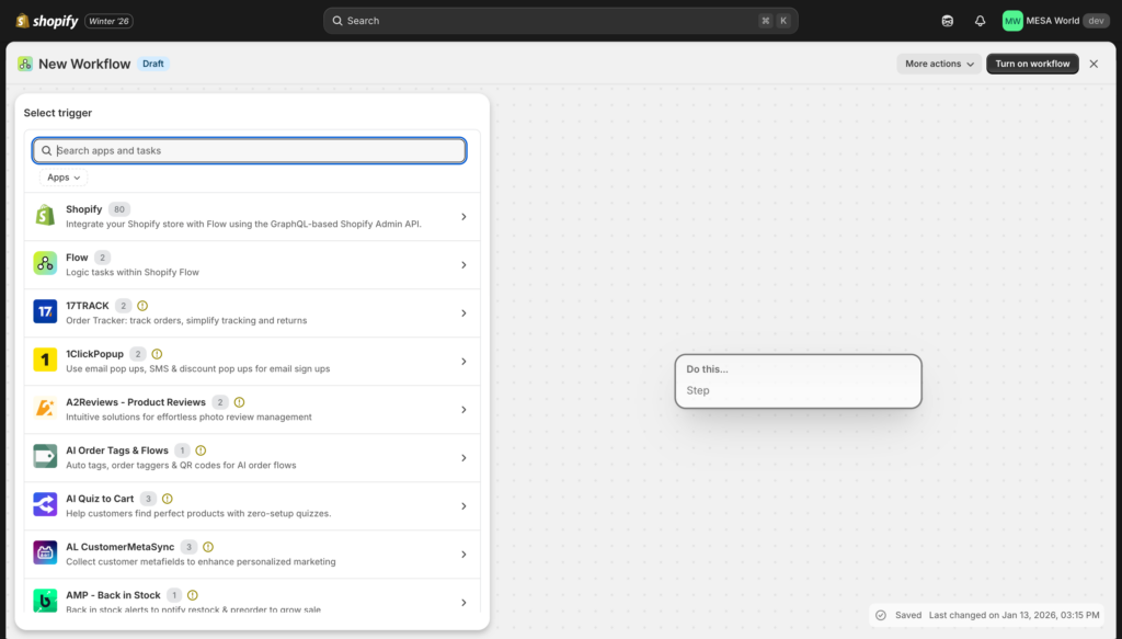 screenshot of shopify flow triggers