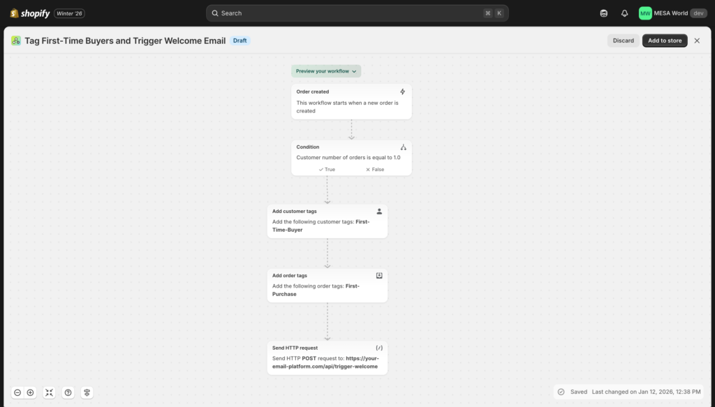 shopify flow trigger welcome email