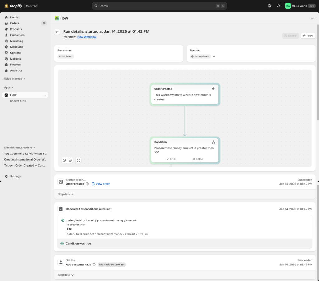 Workflow run history showing successful execution
