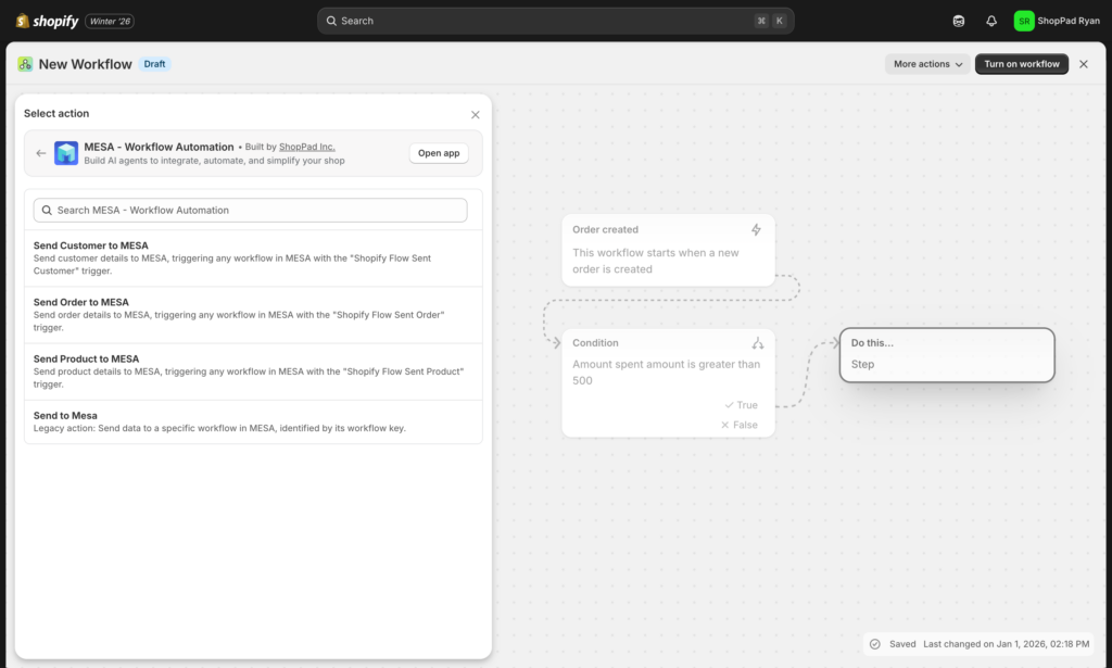 Flow action library with MESA highlighted