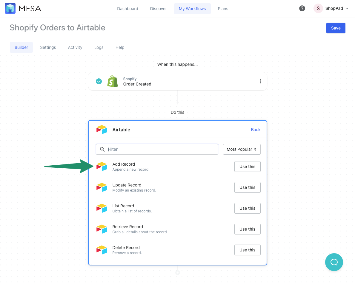 shopify to airtable - add record