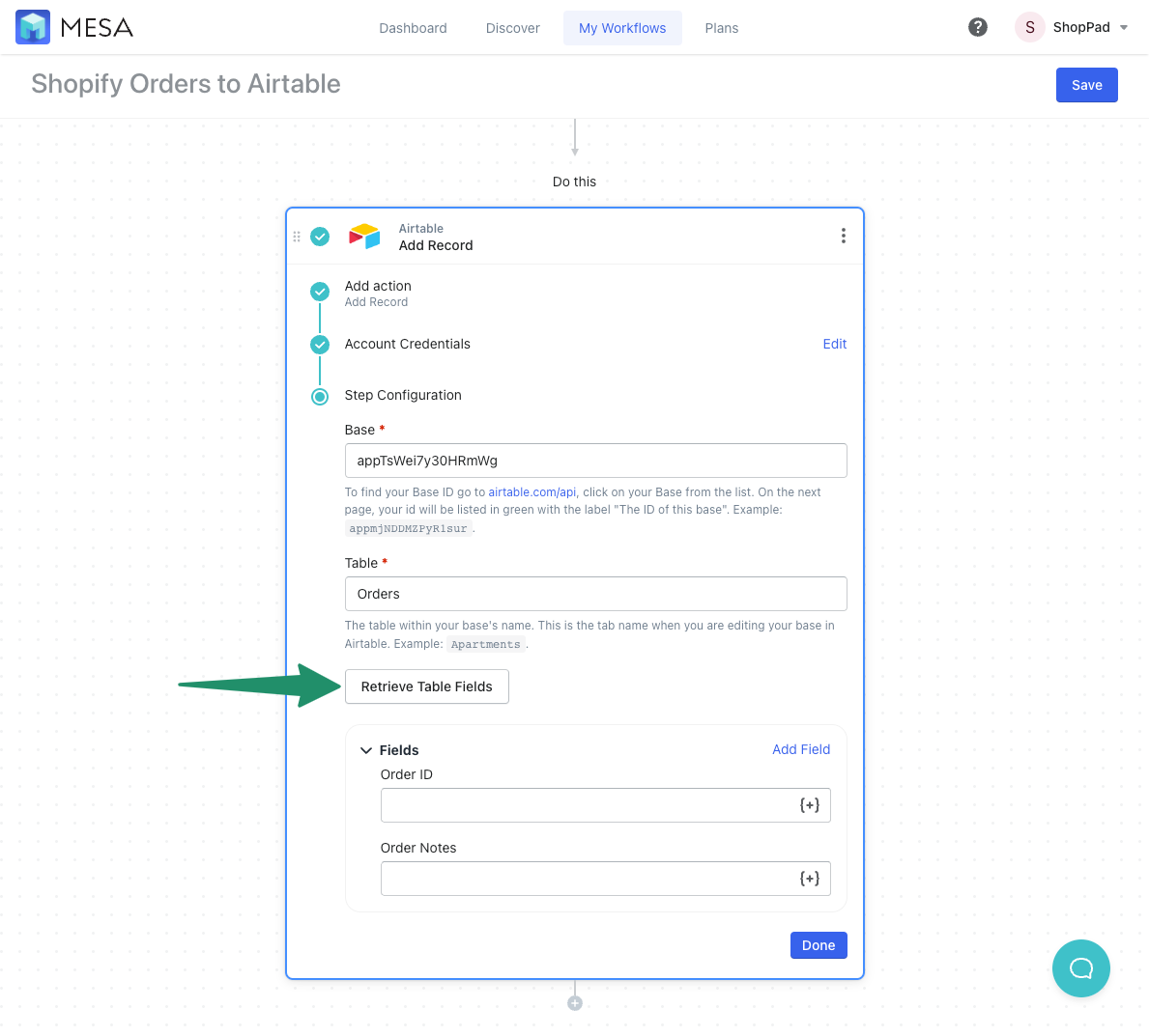 shopify to airtable - table columns