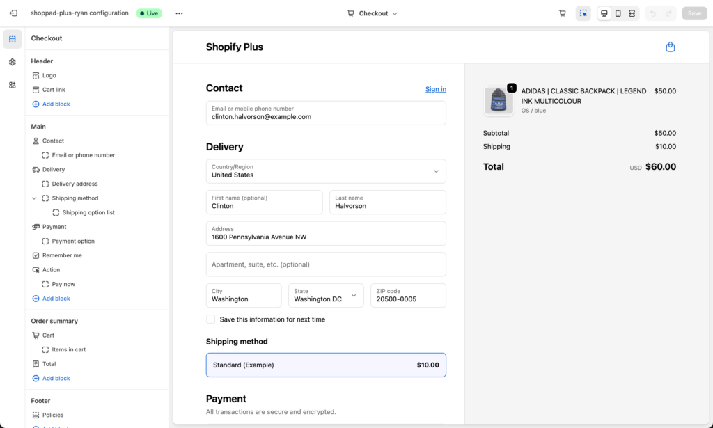 Screenshot of Shopify Plus checkout editor interface showing customization options