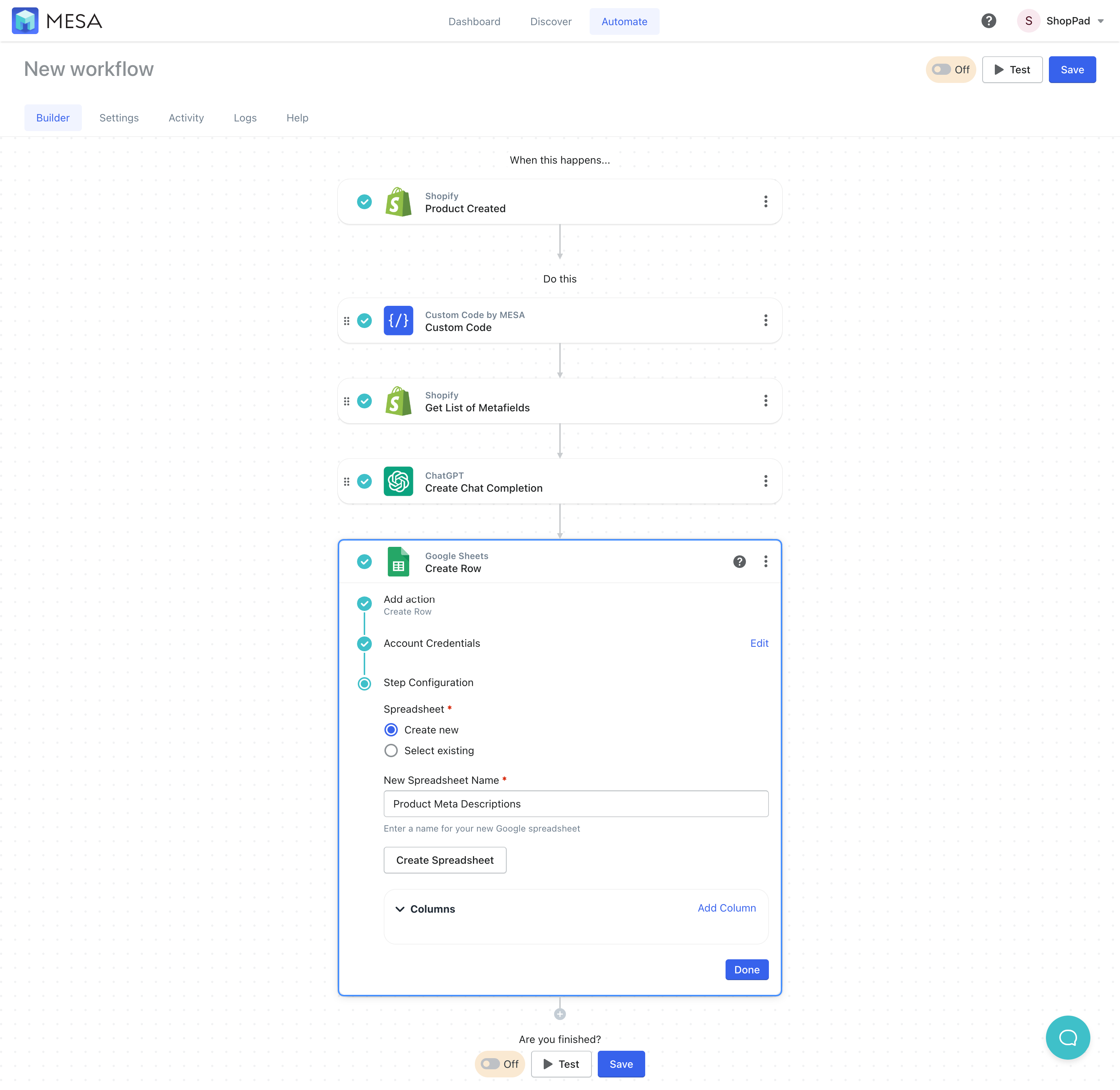 save product meta descriptions to google sheets