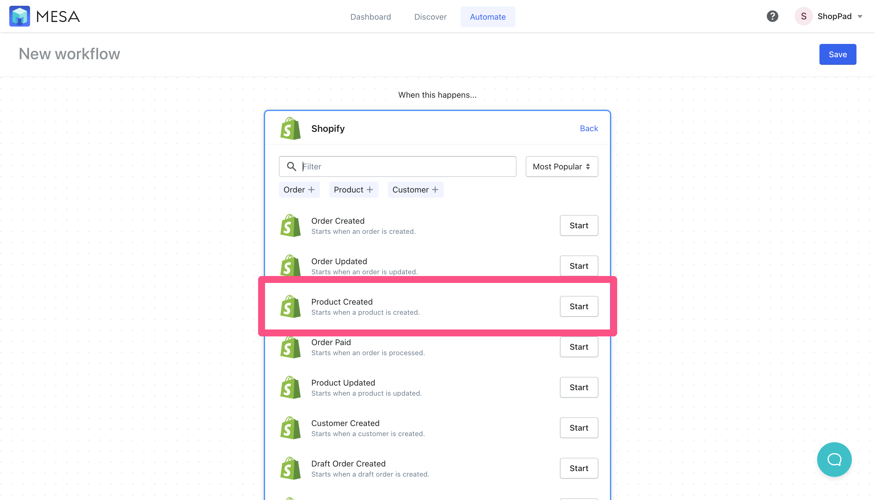 workflow shopify product created