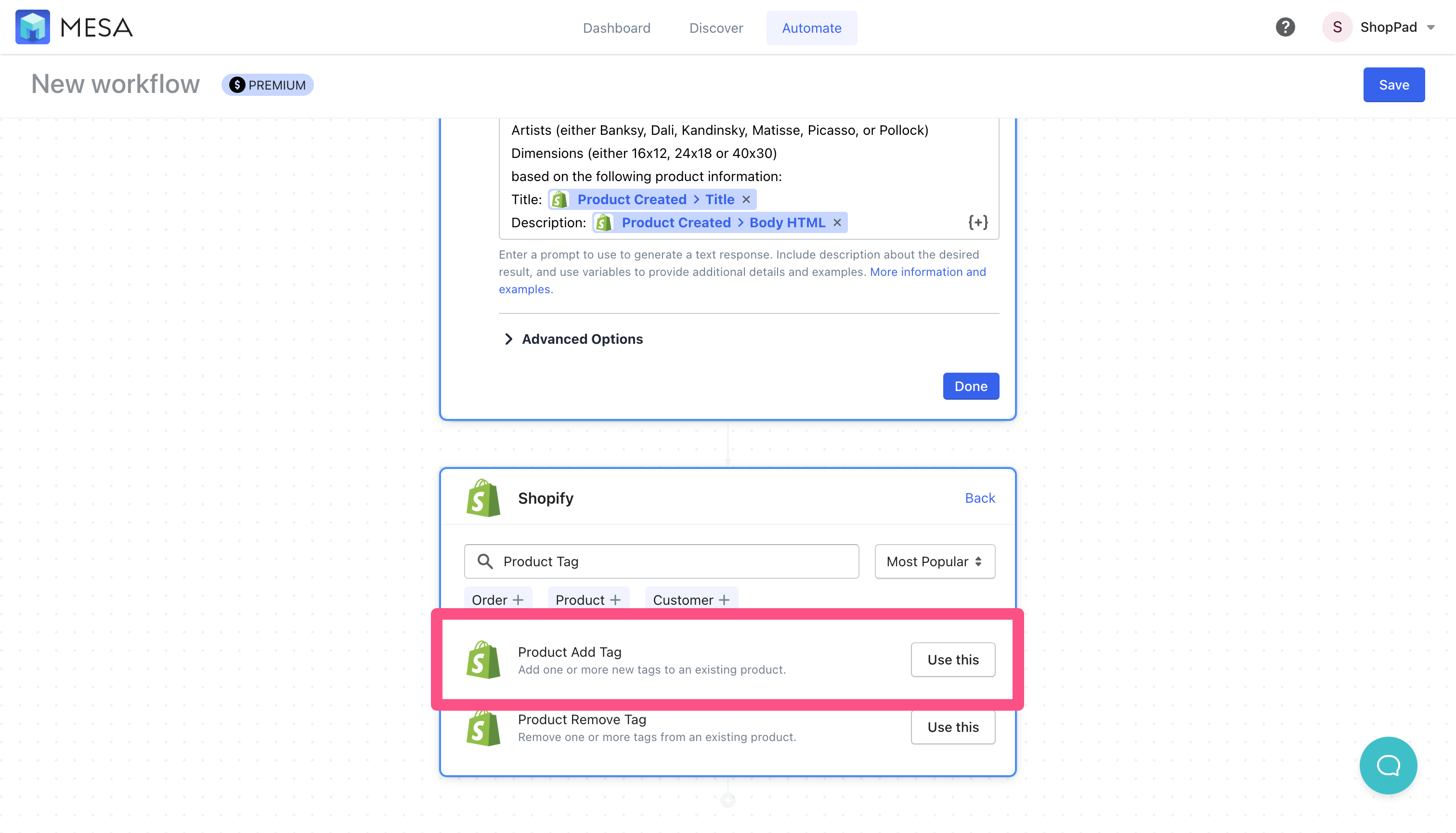workflow shopify product tags