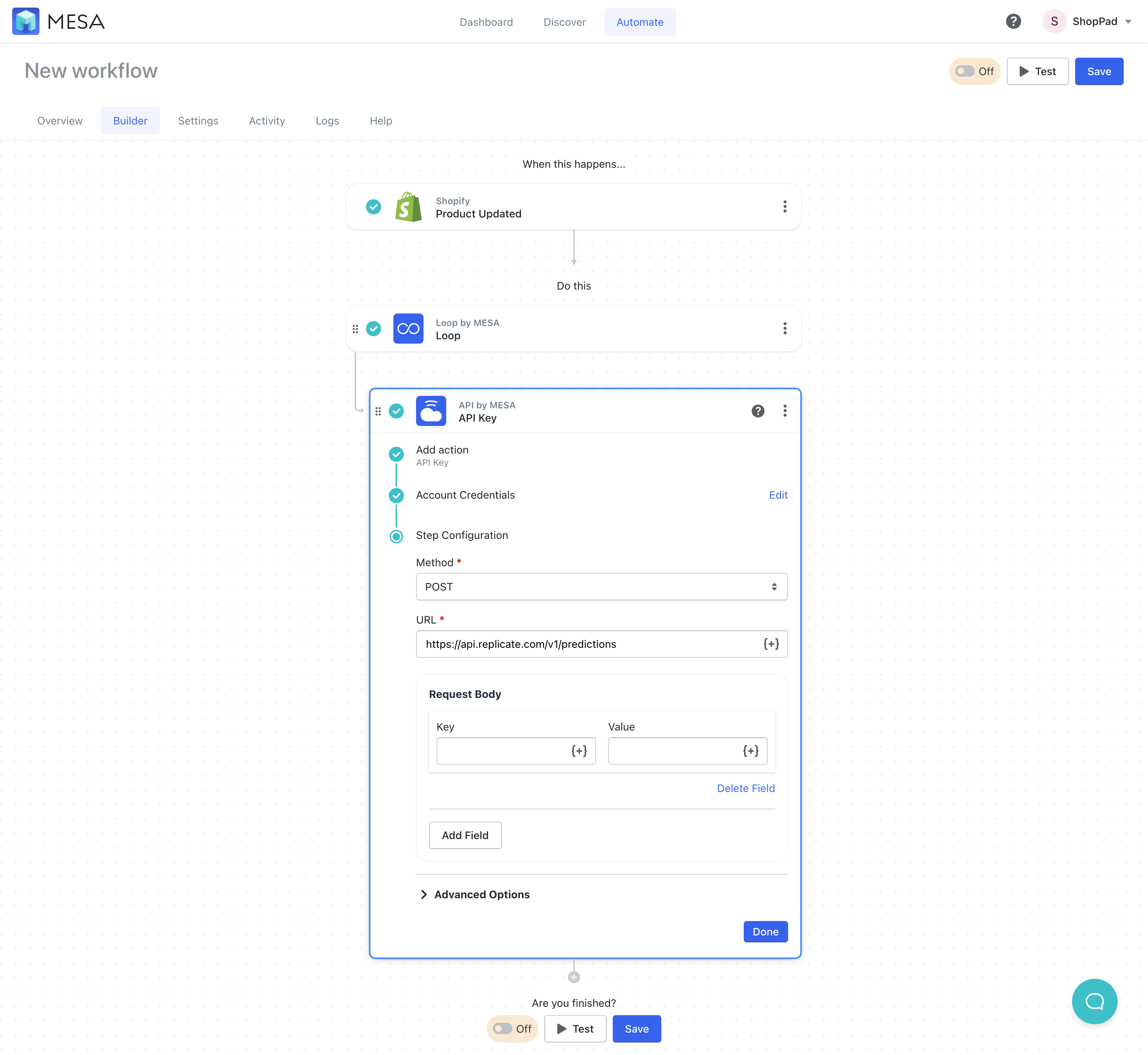 shopify product updated api config