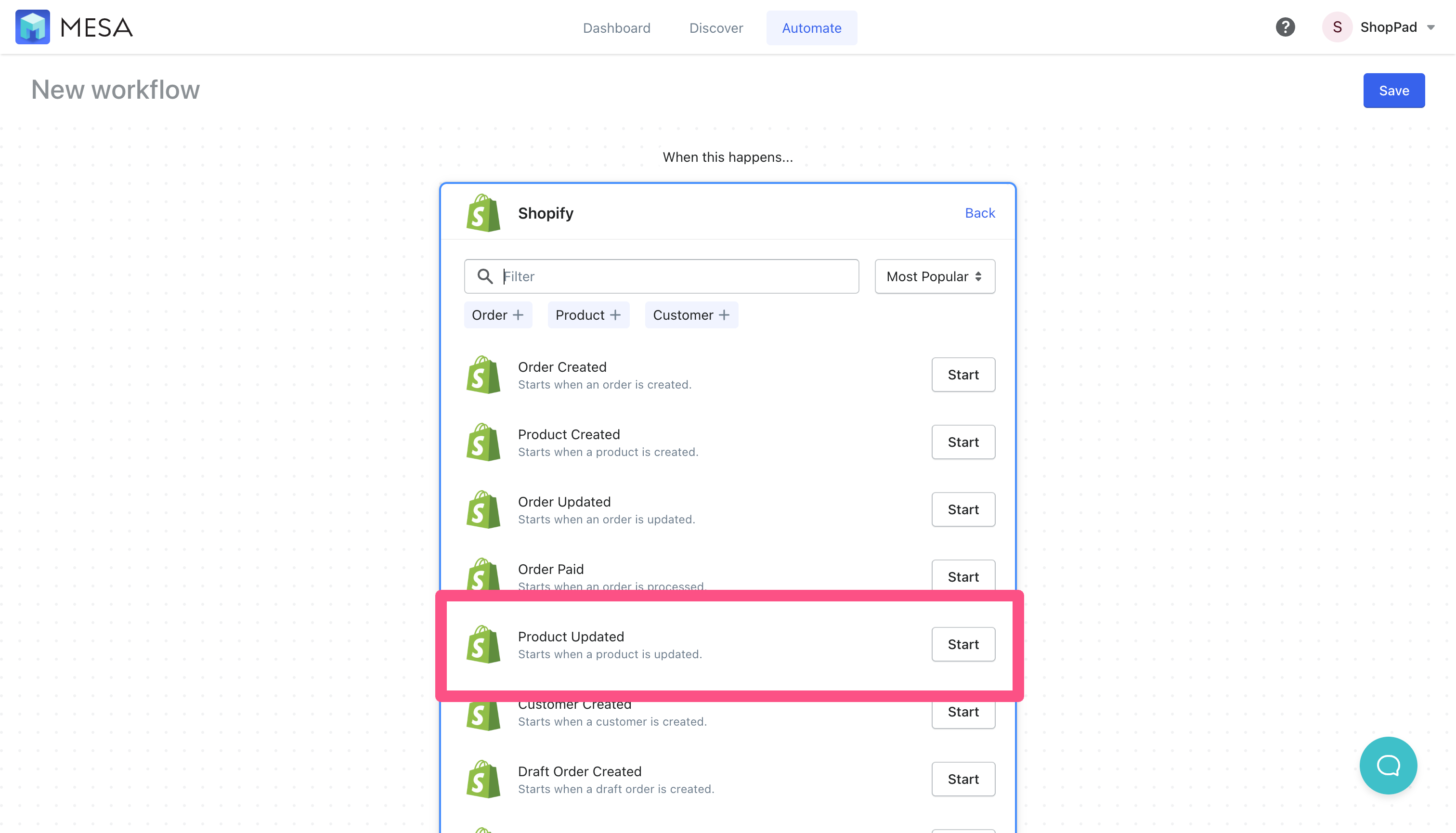 shopify product updated trigger