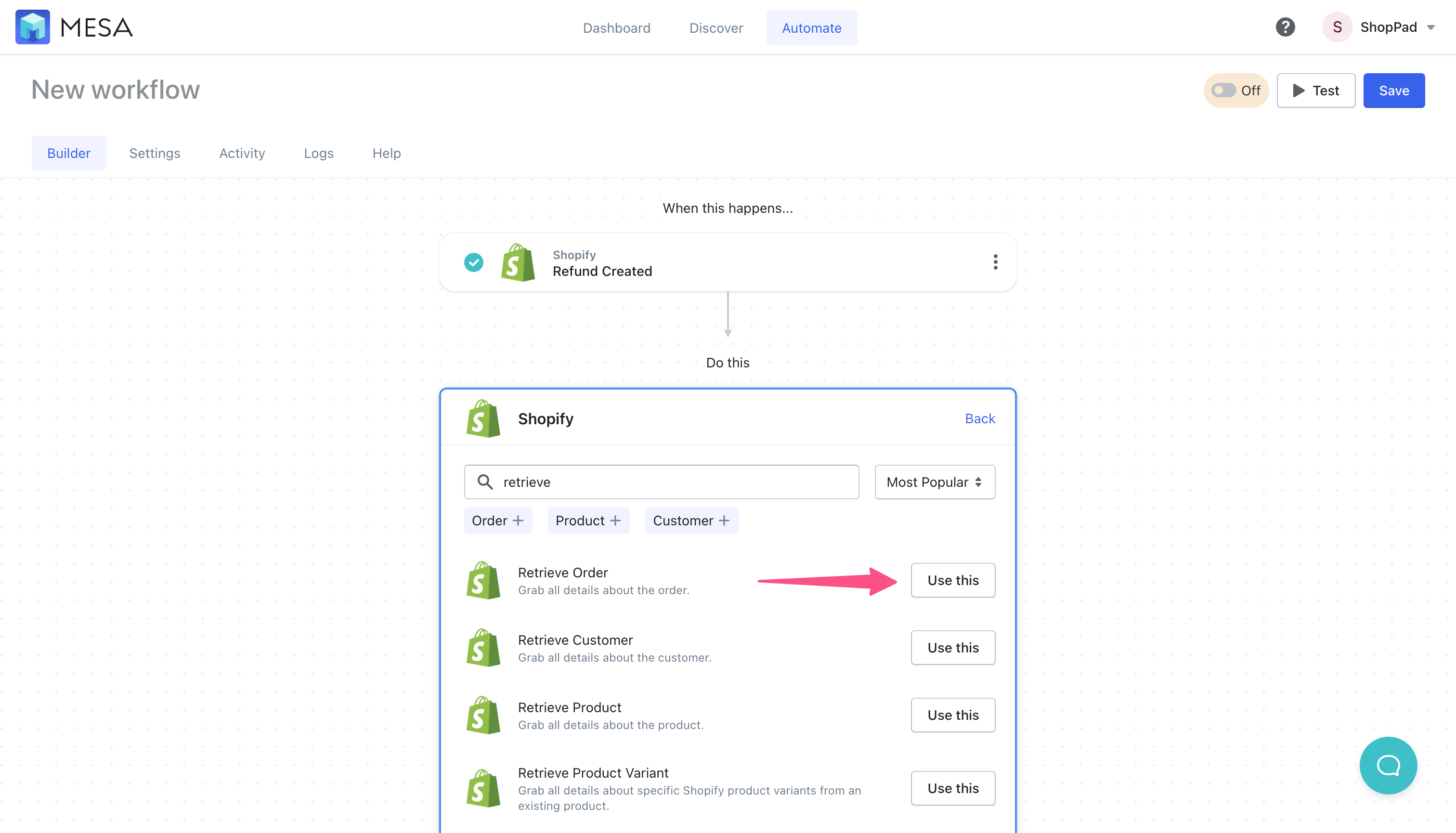 shopify retrieve order step