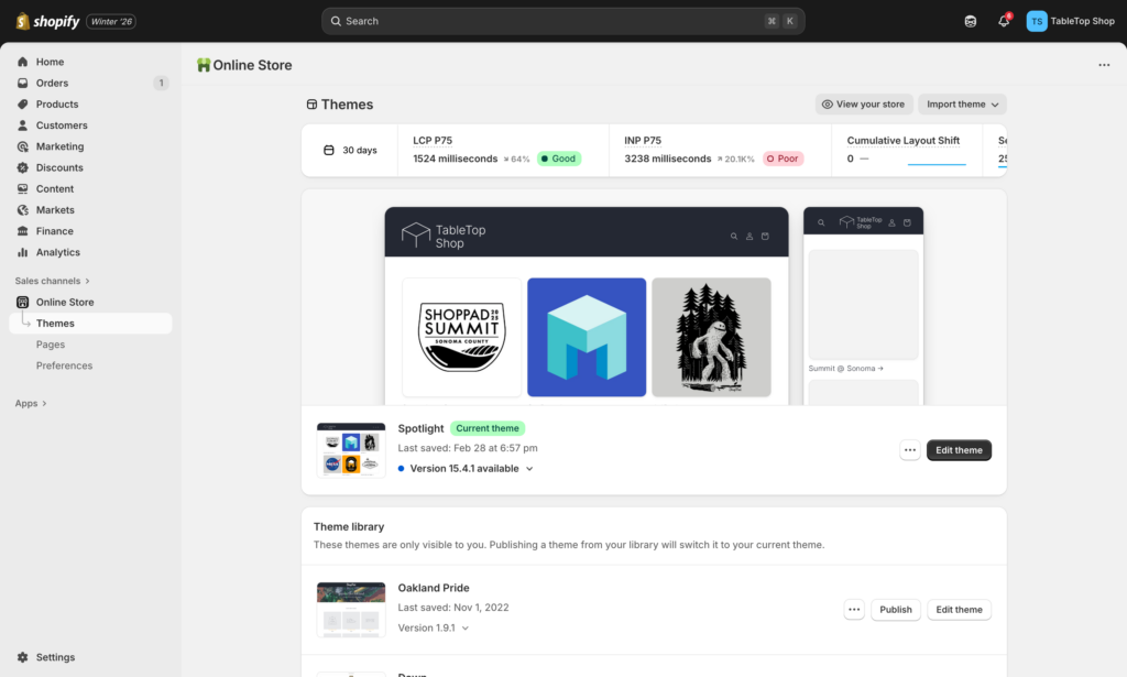 shopify admin: theme gallery