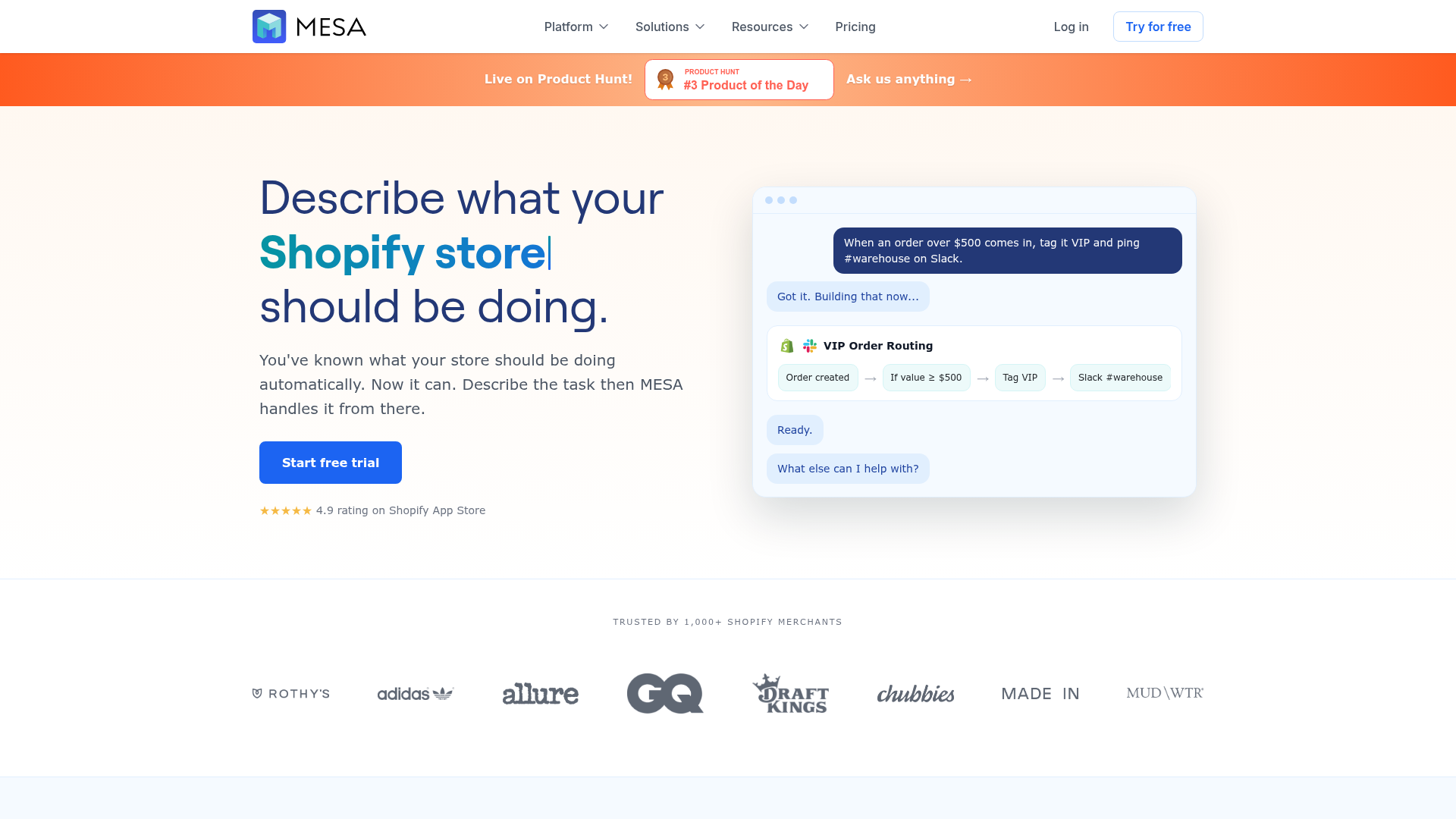 Screenshot of MESA website homepage