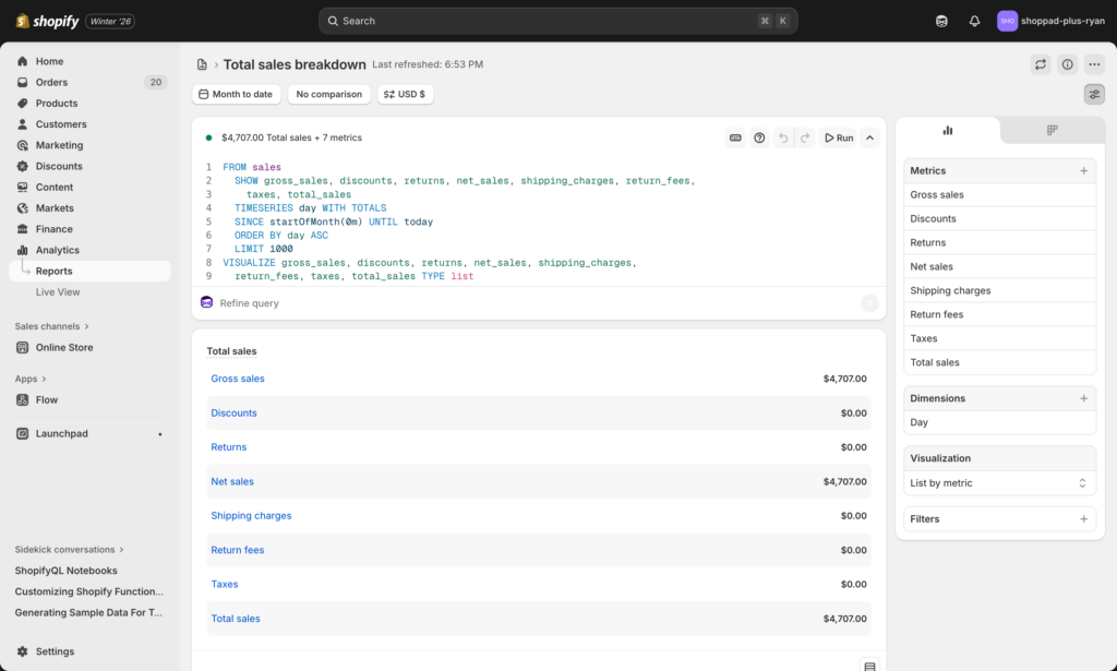 Example: Shopify report with expanded query editor